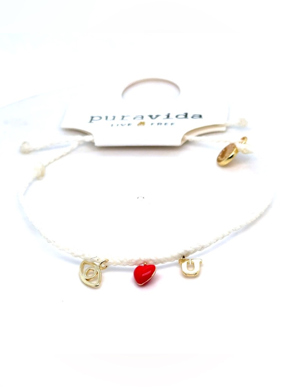 Pura Vida White Braided Bracelet with‎ Red Heart and Gold Charms